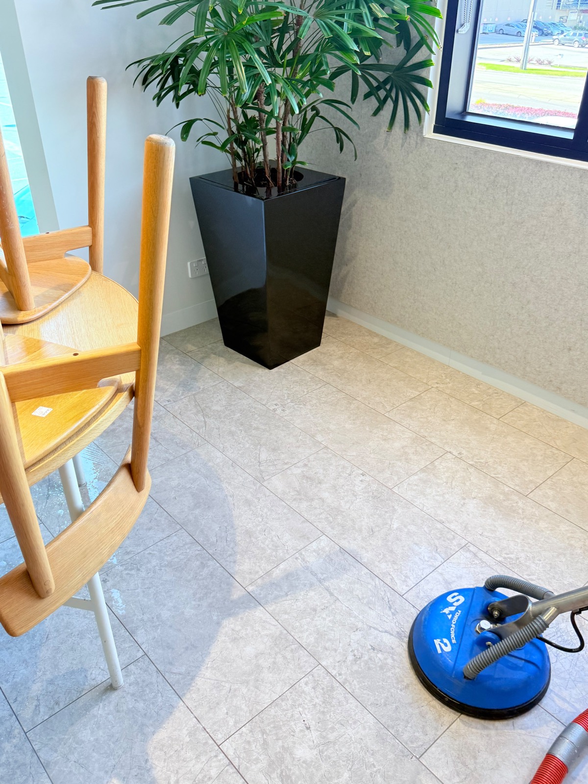 Tile and grout cleaning head working a stone-look foyer floor beside a potted plant